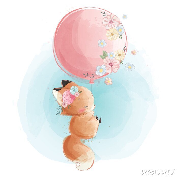 Poster  Cute Fox Flying with Flowery Balloon