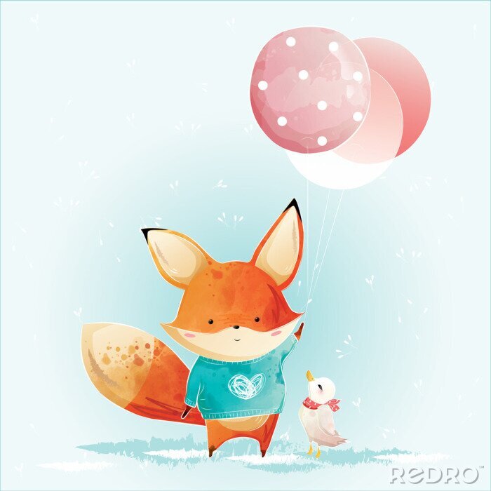 Poster  Cute Fox Holding Christmas Balloons