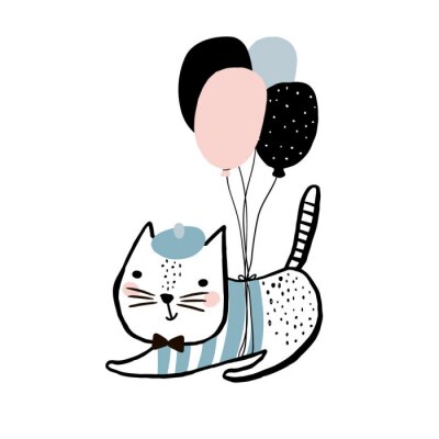 Poster  Cute illustration de chat avec des ballons. Tiré à la main avec des imprimés imprimés créatifs et à brosse. Parfait pour l'habillement, la décoration de la pépinière, les cartes, les affiches, la baby