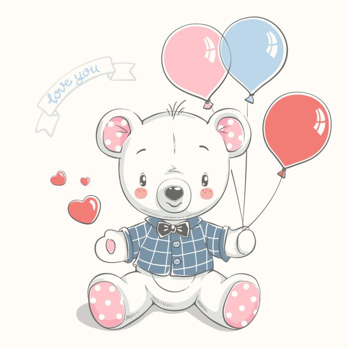 Poster  Cute little bear with balloons cartoon hand drawn vector illustration. Can be used for baby t-shirt print, fashion print design, kids wear, baby shower celebration, greeting and invitation card.