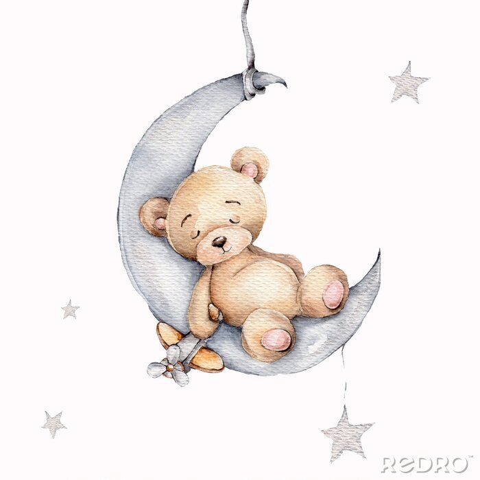 Poster  Cute sleeping teddy bear on the silver moon; watercolor hand draw illustration; with white isolated background