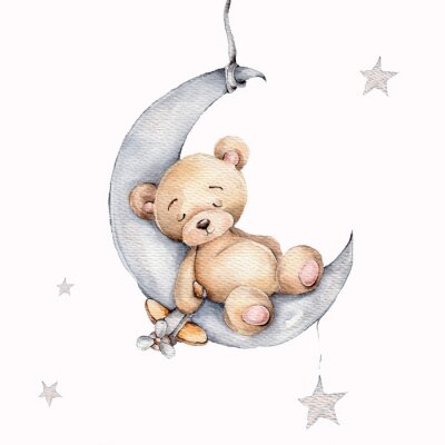 Sticker  Cute sleeping teddy bear on the silver moon; watercolor hand draw illustration; with white isolated background