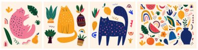 Sticker  Cute spring pattern collection with cat. Decorative abstract horizontal banner with colorful doodles. Hand-drawn modern illustrations with cats, flowers, abstract elements