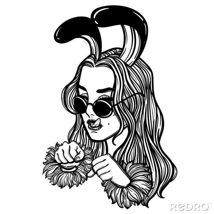 Poster  cute vector art card with bunny girl. Fashion woman. Rabbit woman. linear tattoo print illustration.