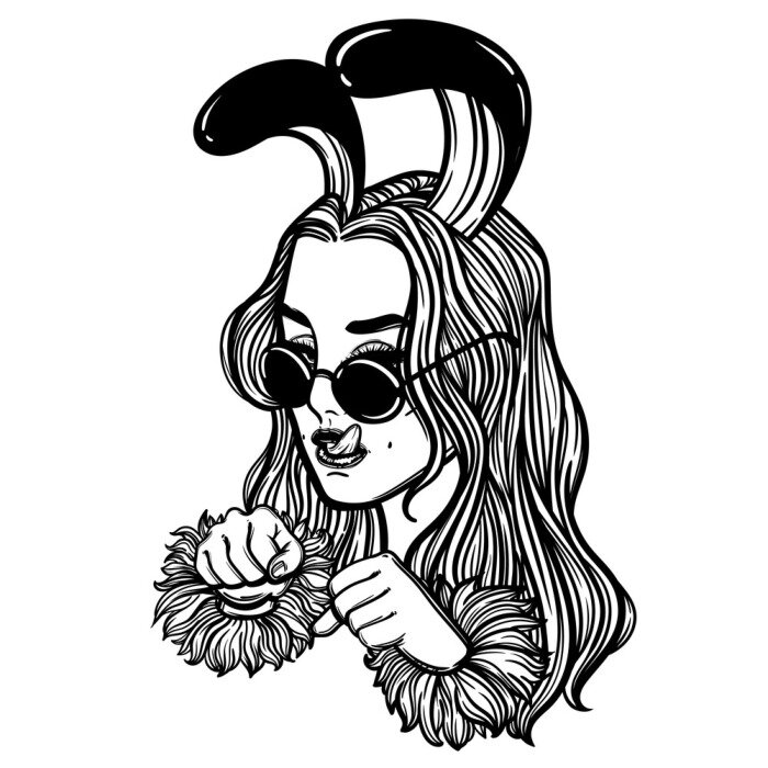 Poster  cute vector art card with bunny girl. Fashion woman. Rabbit woman. linear tattoo print illustration.