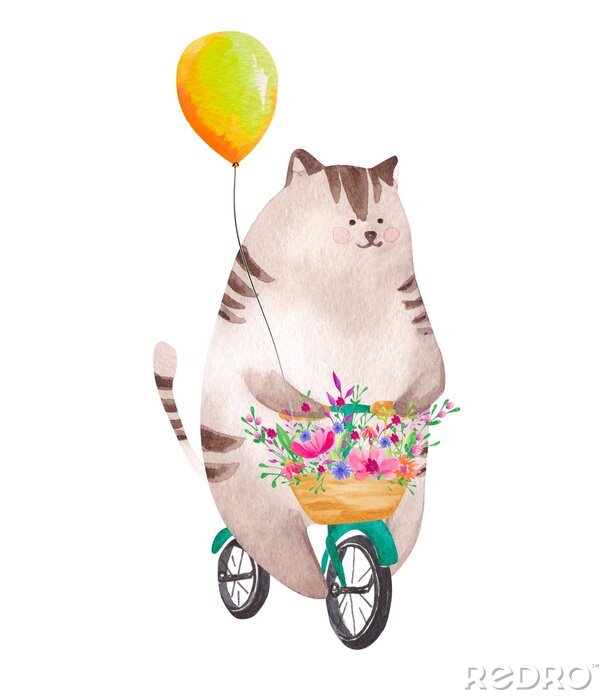 Poster  Cute watercolor cat riding bicycle