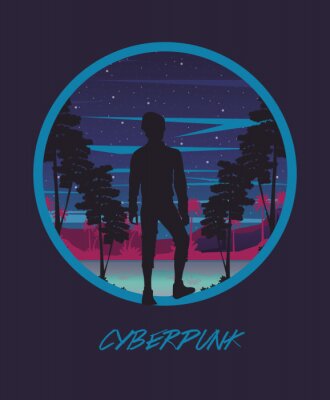 Poster  cyber punk poster with man in landscape silhouette