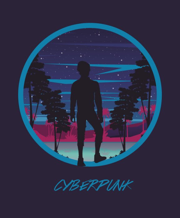 Poster  cyber punk poster with man in landscape silhouette
