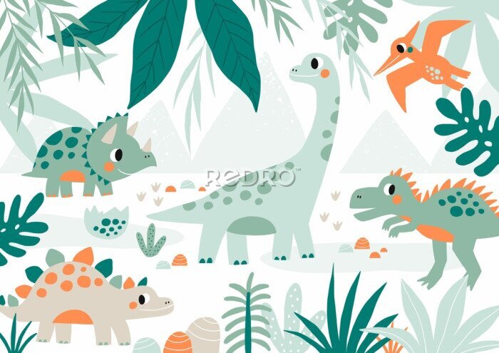 Poster  D’amusants dinosaures entourés de plantes vertes