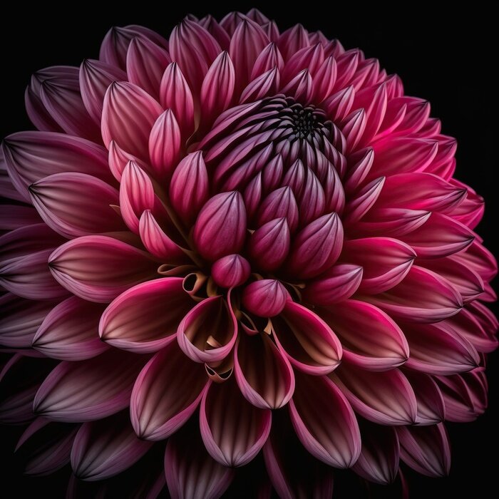Poster  Dark chrome pink and purple dahlia flower isolated on black.