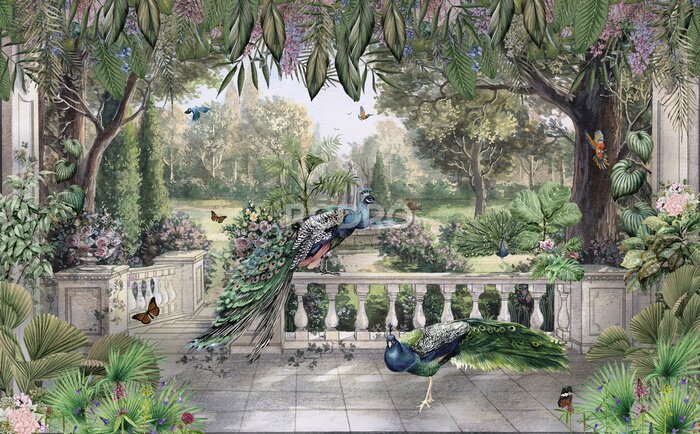 Poster  De beaux paons dans un jardin tropical