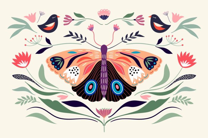 Poster  Decorative poster/banner/composition with floral elements, butterfly,different flowers and plants