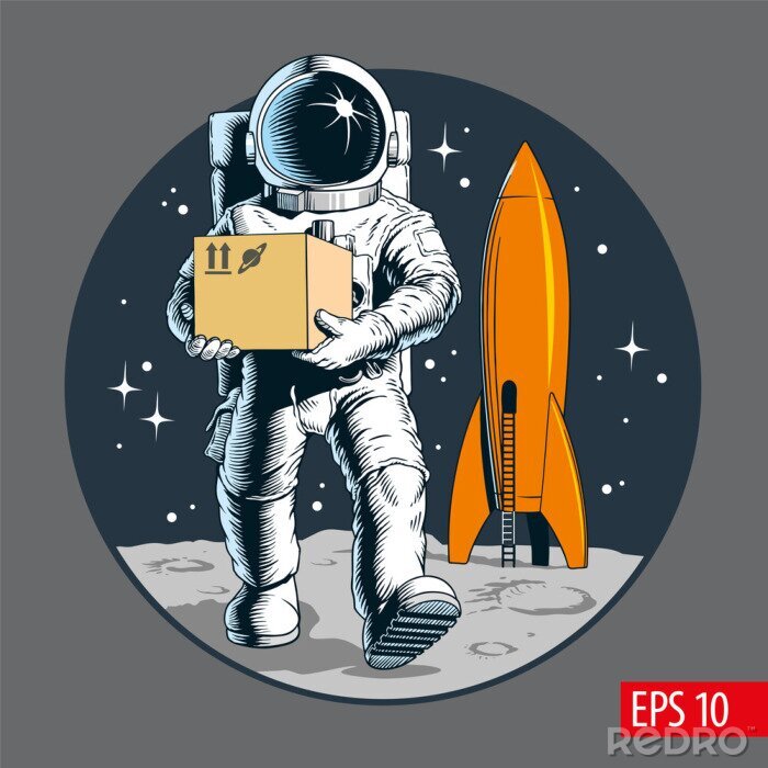 Poster  Delivery service, astronaut holding package or cardboard box. Space colonization. Shipping cargo to space. Vector illustration.
