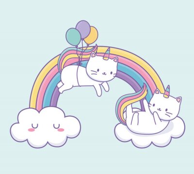 Des chats Kawaii sur un arc-en-ciel