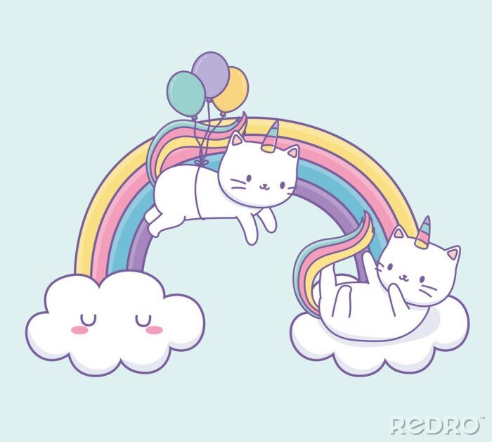 Poster  Des chats Kawaii sur un arc-en-ciel