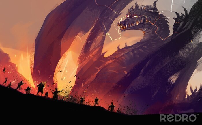 Poster  Des gens contre un dragon dans un monde fantastique