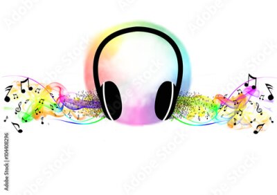 Poster  Des notes de musique et des accents colorés ornent les écouteurs.
