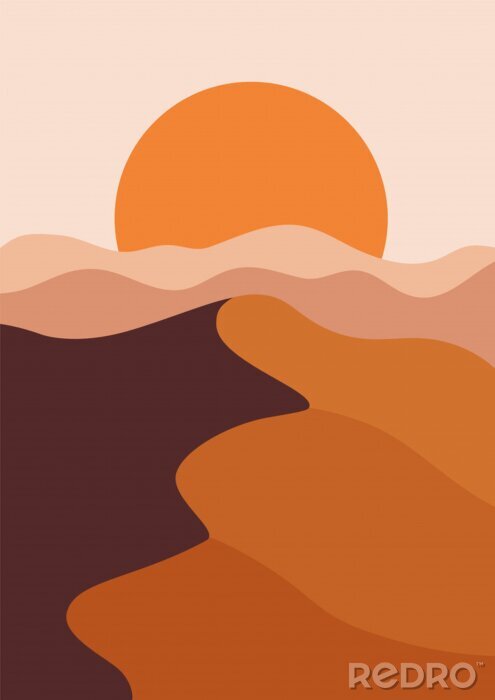 Poster  Desert landscape in a vertical format, warm beige colors. Vector illustration with sunset in mountains. Abstract landscape poster.