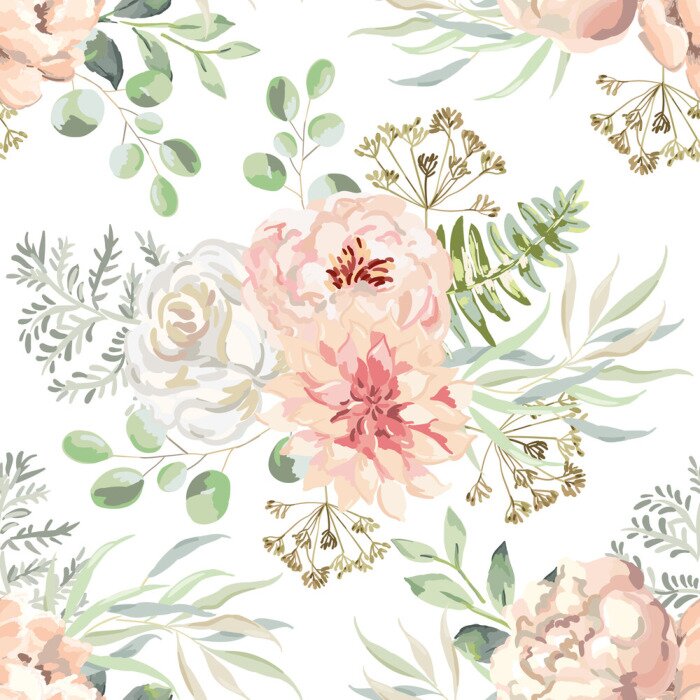 Poster  Dessin aquarelle de pivoines et de roses pastel