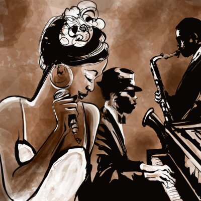 Poster  Dessin d'une chanteuse de jazz avec des musiciens