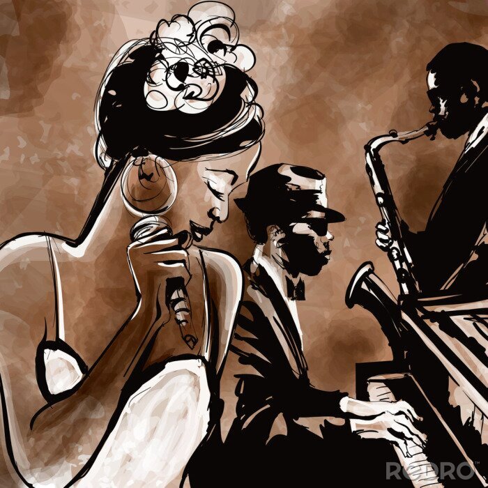 Poster  Dessin d'une chanteuse de jazz avec des musiciens