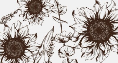 Papier peint  Dessin de tournesols style vintage