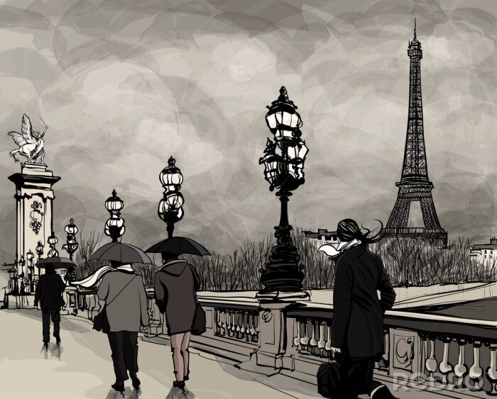 Poster  Dessin du pont Alexandre III à Paris montrant la Tour Eiffel