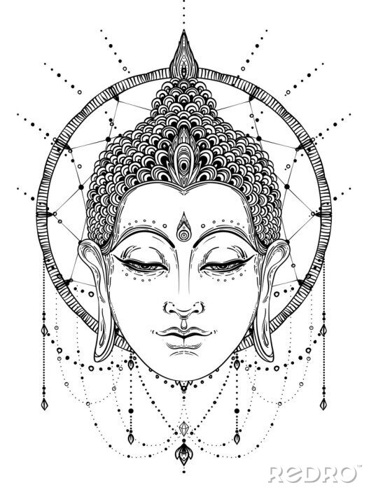 Poster  Dessin noir et blanc d'un bouddha aux yeux fermés