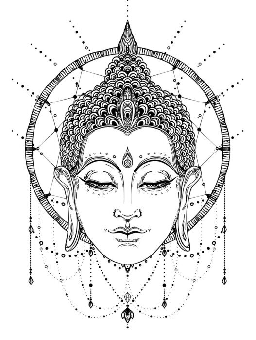Poster  Dessin noir et blanc d'un bouddha aux yeux fermés