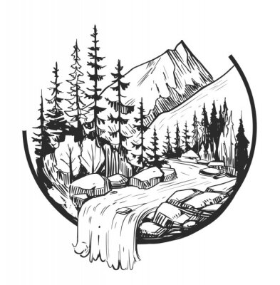 Dessin noir et blanc d'un paysage de montagne avec une cascade