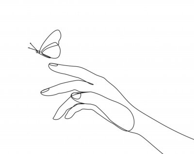 Dessin noir et blanc d'une main tendue vers un papillon