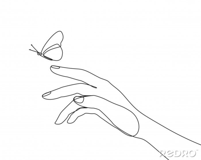 Poster  Dessin noir et blanc d'une main tendue vers un papillon