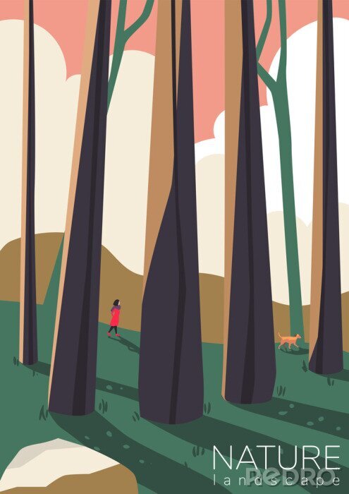 Poster  Dessin numérique d'une figure dans une forêt d'arbres