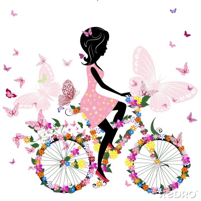 Poster  Dessin romantique papillons à vélo