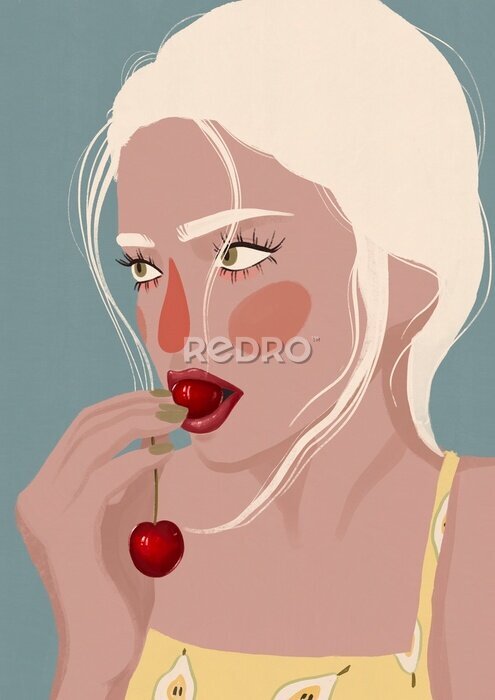 Poster  Detail of young woman mouth with cherries against black background. Women illustration. Blonde girl eating cherries