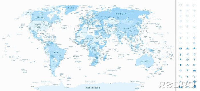 Poster  Detailed World Map blue colors