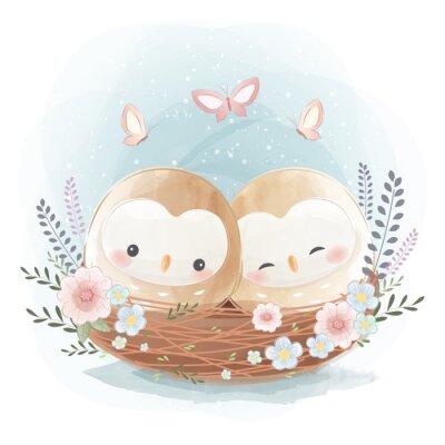 Deux adorables chouette dans un nid sur un fond version aquarelle