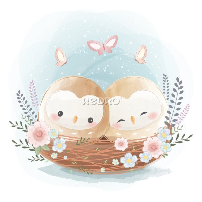 Poster  Deux adorables chouette dans un nid sur un fond version aquarelle