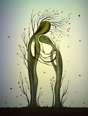Poster  Deux arbres amoureux ressemble à un homme et à une femme, un câlin d'arbre, un concept de famille, vieillit ensemble, des sentiments d'arbre d'automne,