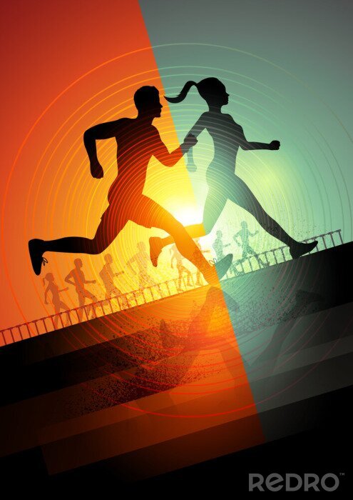 Poster  Deux coureurs illustrés sur un fond coloré