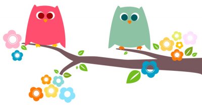 Sticker  Deux hiboux colorés sur une branche fleurie