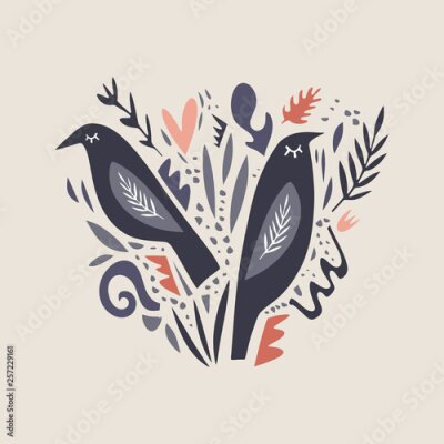 Poster  Deux oiseaux noirs de style scandi