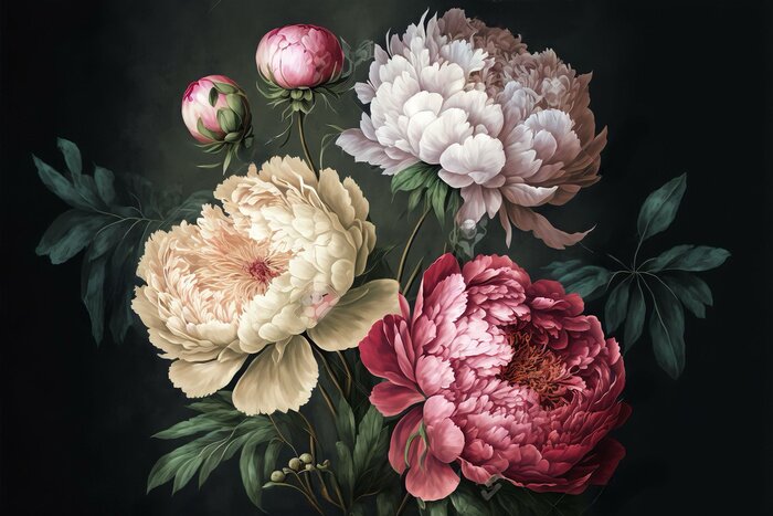 Poster  Digital illustration of Peonies on a dark watercolor background, generative art