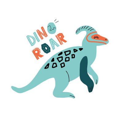 Dino parasaurolophus color flat hand drawn character. Cute childish dinosaur with lettering quote Dino roar. Sketch with decor.Isolated cartoon illustration for kid game, book, t-shirt, textile