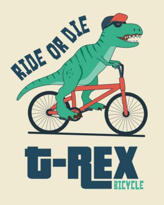 Poster  Dinosaure à lunettes noires sur un vélo rouge