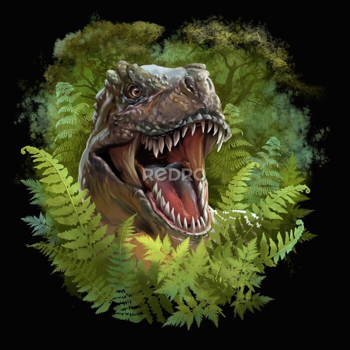 Poster  Dinosaure au milieu les fougères vertes