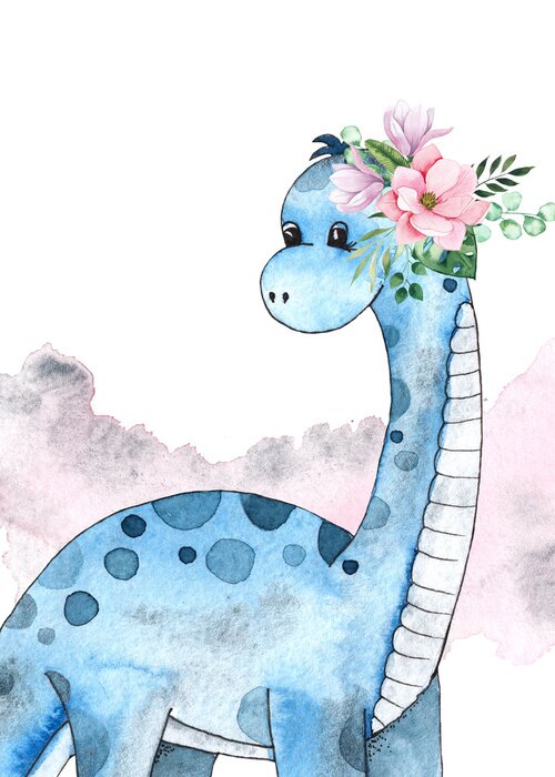 Poster  Dinosaure bleu avec une couronne de fleurs