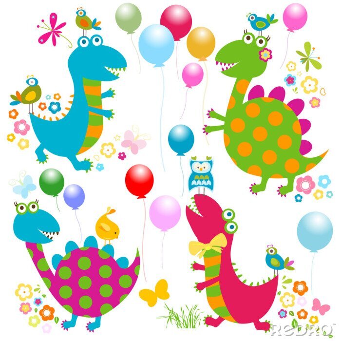 Poster  Dinosaures arc-en-ciel parmi de joyeux motifs multicolores