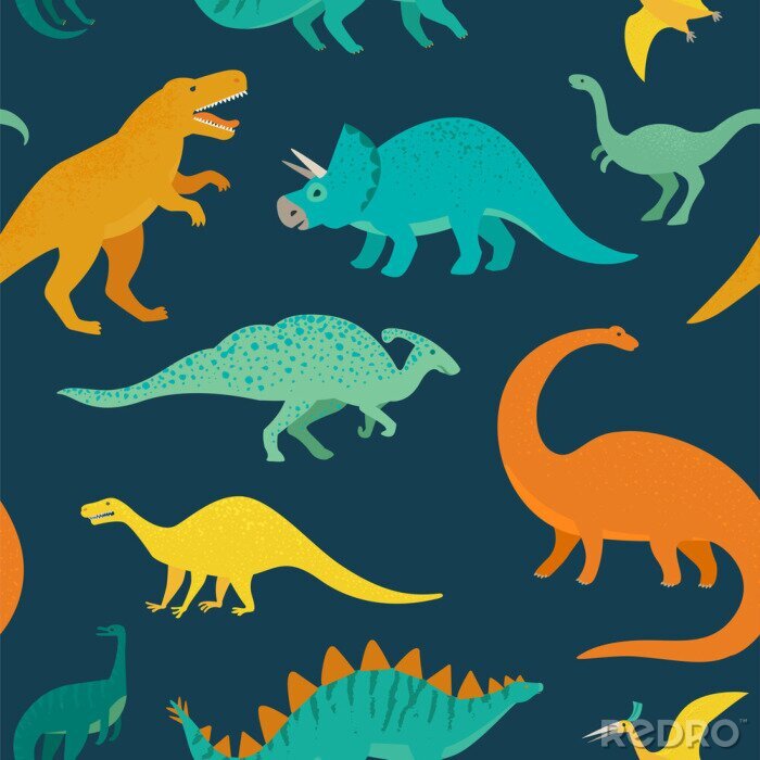 Poster  Dinosaures colorés marchant sur un fond bleu marine