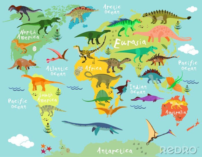 Poster  Dinosaures sur une carte du monde